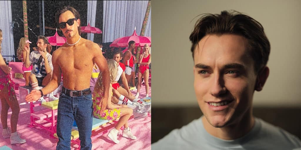 Redmand poses on the barbie set dressed as a Ken