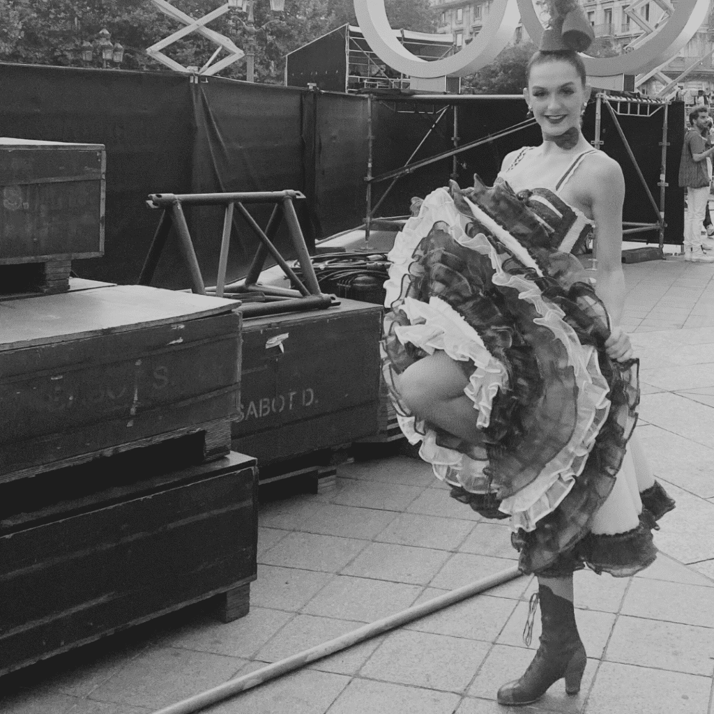 Erin Blanchfield in her can-can costume - grayscale