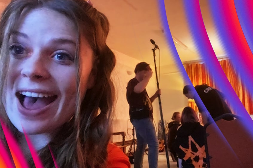 Grace poses for a selfie on set