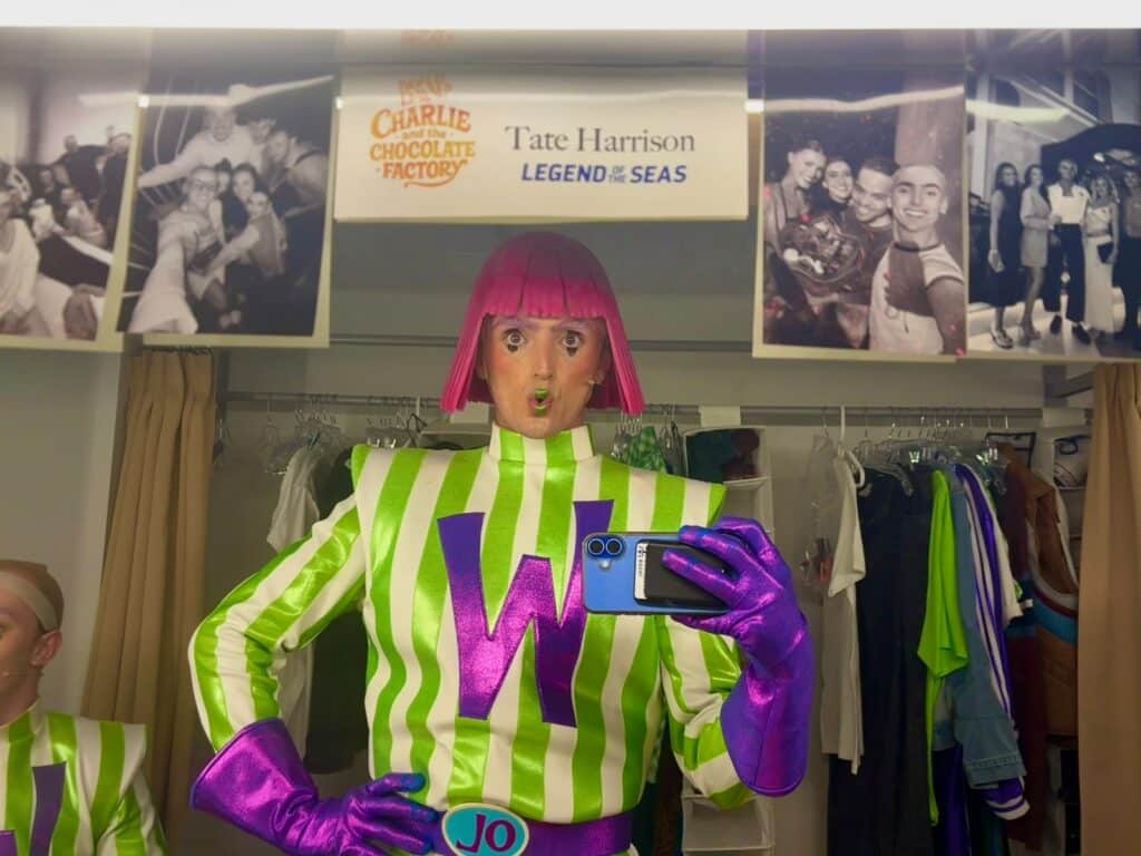 Tate Harrison backstage of Charlie and the Chocolate Factory at sea